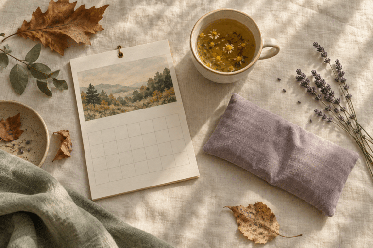Calendrier d'octobre, tisane et masque en lin sur une nappe crème, pour préparer le passage à l'heure d'hiver