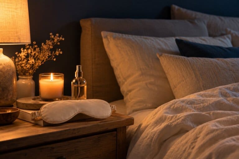 Table de chevet avec bougie, brume d'ambiance et masque de nuit pour s'apaiser avant de dormir
