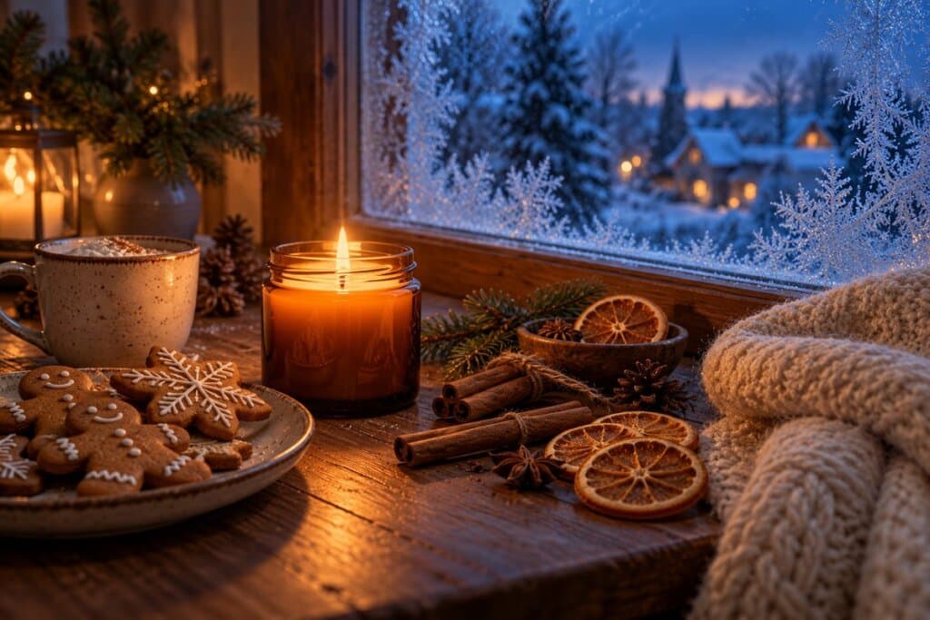 Bougie gourmande artisanale allumée sur une table en bois, ambiance de soirée d'hiver