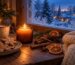 Bougie gourmande artisanale allumée sur une table en bois, ambiance de soirée d'hiver