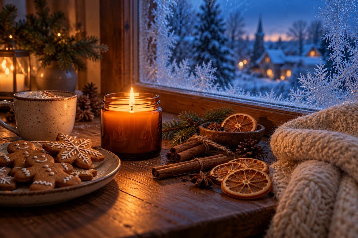 Bougie gourmande artisanale allumée sur une table en bois, ambiance de soirée d'hiver