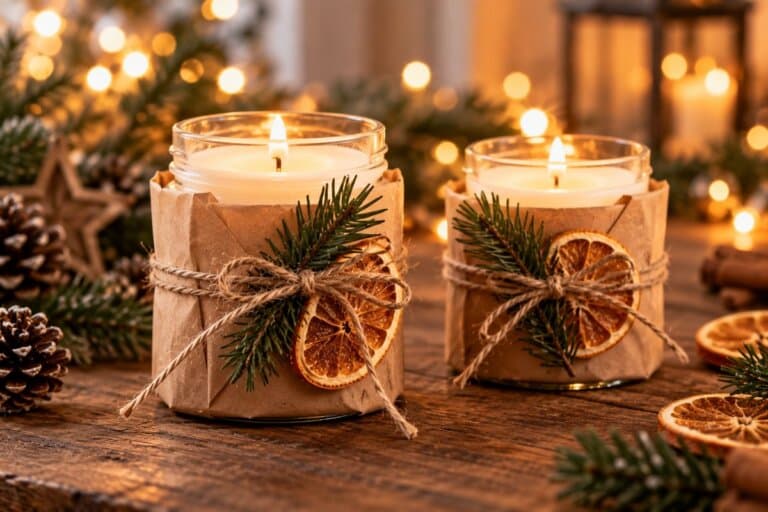 Deux bougies en pot emballées en papier kraft avec branche de sapin, idée cadeau de Noël