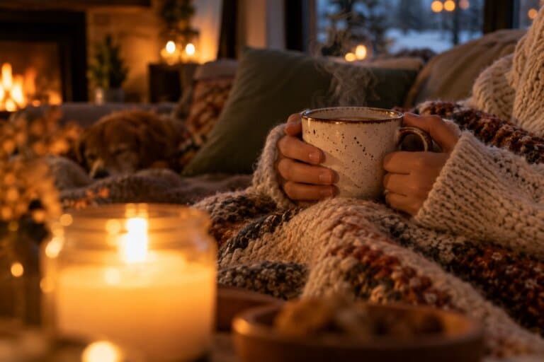 Mains tenant une tasse chaude près d'une bougie allumée, sous un plaid en laine