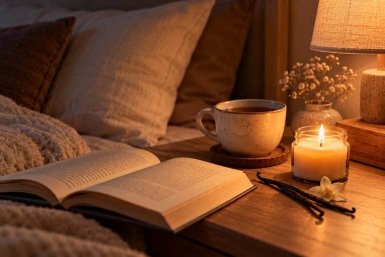 Table de chevet avec livre ouvert, tasse de thé noir, gousses de vanille et bougie allumée