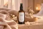Brume cachemire soie Atelier Louis entourée d'une étoffe satinée, d'une maille douce et de fleurs blanches