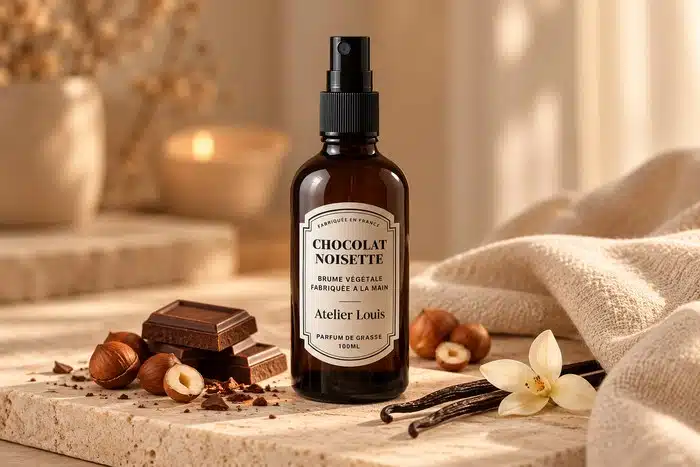 Brume chocolat noisette Atelier Louis entourée de carrés de chocolat, de noisettes et d'une gousse de vanille