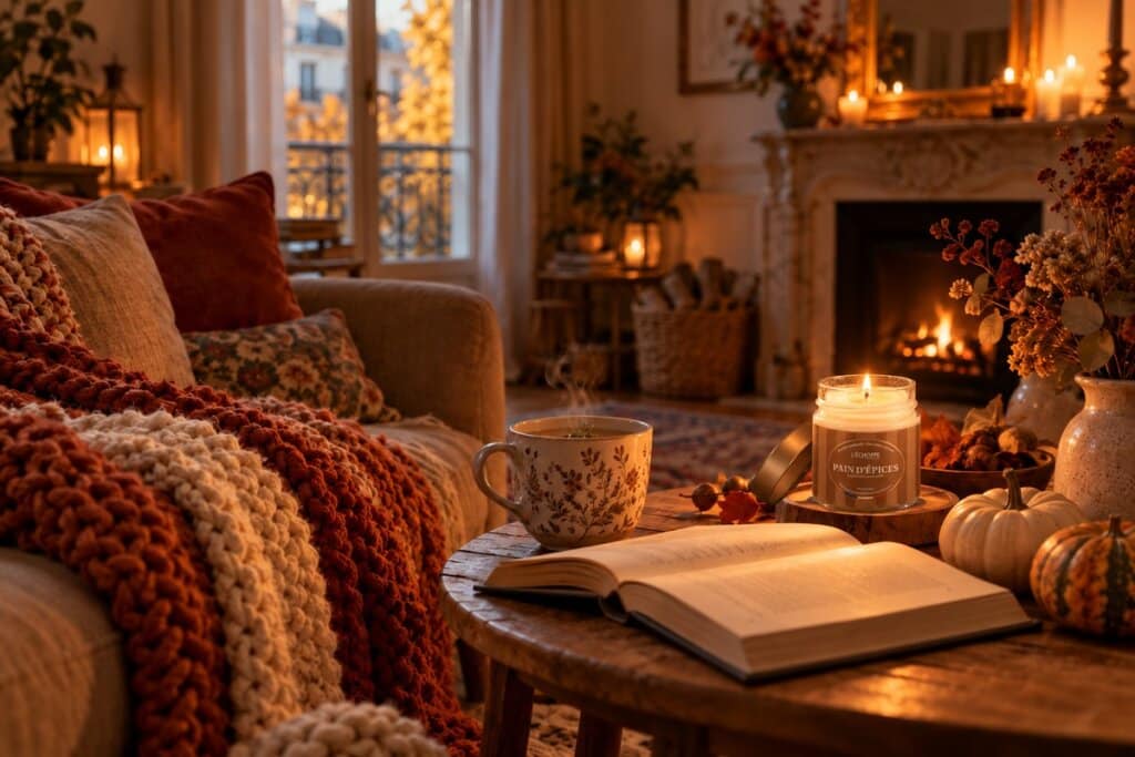 Soirée Halloween cocooning avec plaid, tisane et bougie Pain d’Épices allumée