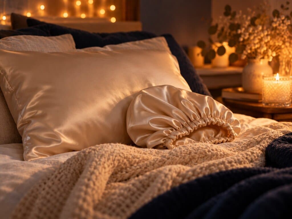 Taie d’oreiller en satin champagne et bonnet de nuit en satin assorti sur un lit avec plaid en grosse maille, à la lueur d’une bougie