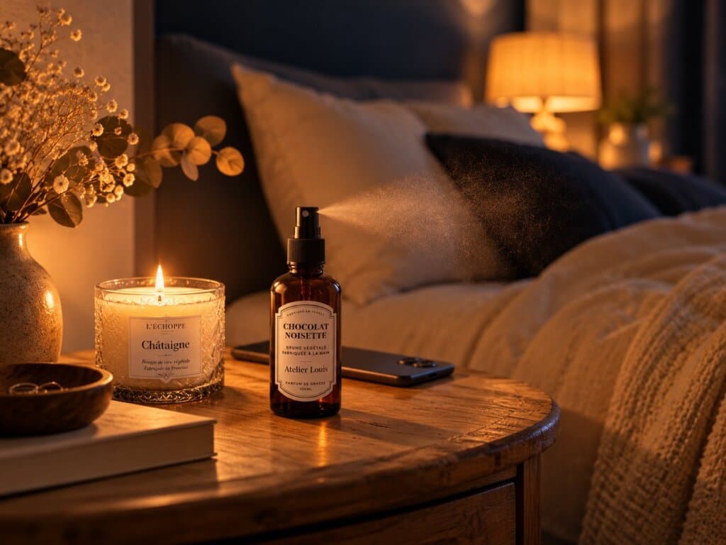 Bougie parfumée Châtaigne allumée et brume d’ambiance Chocolat Noisette vaporisée sur une table de chevet en bois, devant un lit douillet à la lumière tamisée