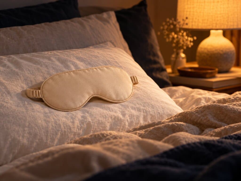 Masque de nuit couleur crème posé sur un oreiller en lin blanc, dans une chambre éclairée par une lampe de chevet