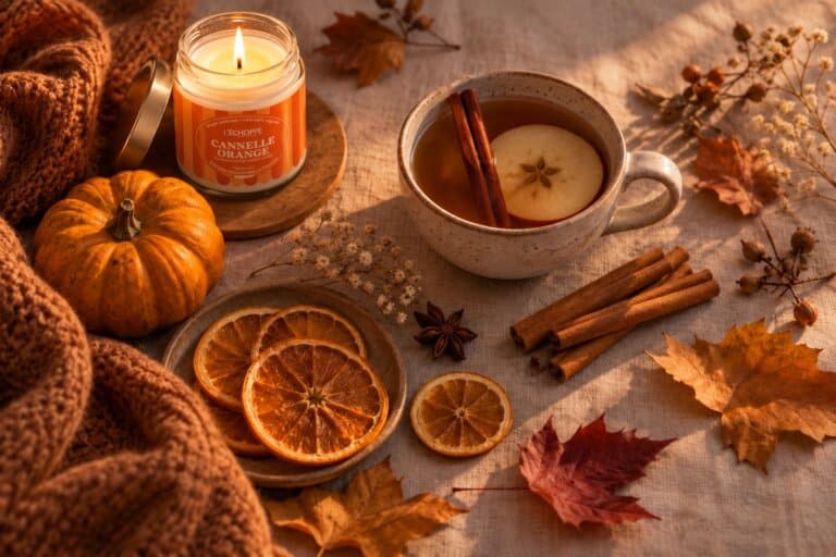Rituel du soir d’Halloween avec bougie artisanale et infusion à la cannelle