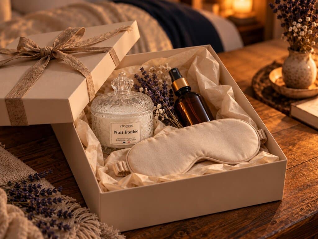 Coffret cadeau ouvert contenant la bougie parfumée Nuit Étoilée, une brume d’oreiller, un masque de nuit et des brins de lavande séchée sur du papier de soie