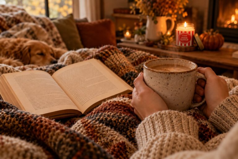 Coin lecture cocooning d’automne avec plaid en maille et lumière tamisée